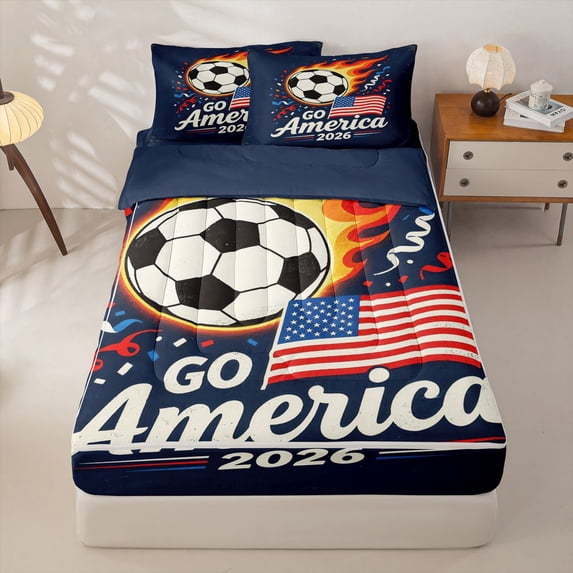 Manfei Classic Football Zipper Queen Comforter Set with Fitted Sheet and 2 Pillowcases,Usa Flag Zipper Bedding Set,Red Navy,Go American 2026 Decor,Navy Blue Reversible,4pcs