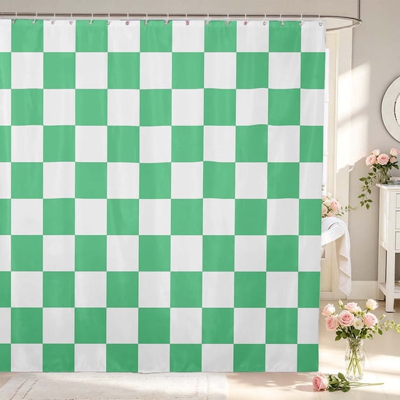 Manfei Classic Green White Plaid Shower Curtain 72Wx78L,Vintage Checkered Bath Curtain
