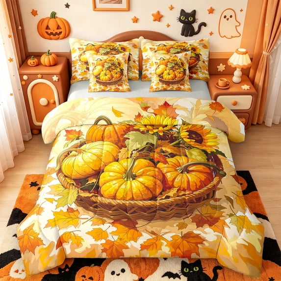 Manfei Classic Halloween Pumpkin Lantern 7-Piece King Bedding,Cute Cartoon Bat King Bed in a Bag,Light Gray Reversible