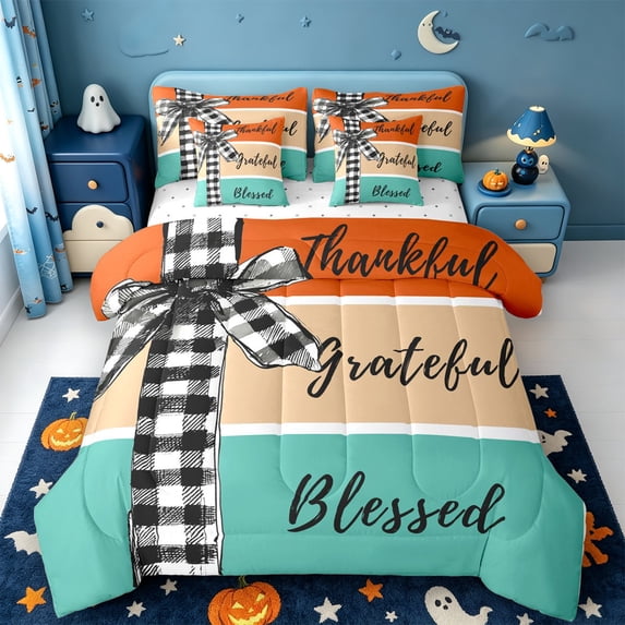 Manfei Classic Halloween Pumpkin Lantern 7 Pieces Full Size Bedding Sets,Autumn Turkey Print Full Size Bed in a Bag,Reversible