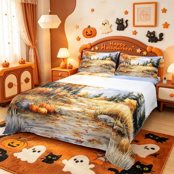 Manfei Classic Halloween Pumpkin Lantern Bed Sheets,Cute Turkey Print Full Size Sheets,4-Piece,1 Flat Sheet,1 Fitted Sheet and 2 Pillowcases
