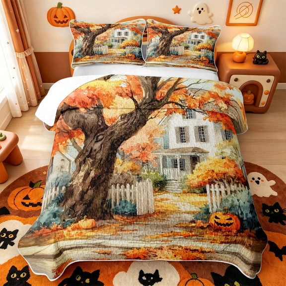 Manfei Classic Halloween Pumpkin Lantern Bed Spread Queen,Bat Silhouette Queen Coverlet Set,3-Piece,1 Quilt and 2 Pillowcases