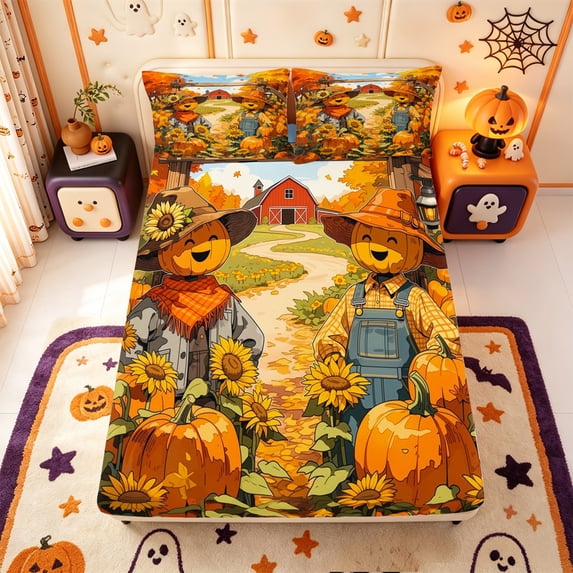 Manfei Classic Halloween Pumpkin Lantern Fitted Sheet Full,Cobweb Print Bed Set,3pcs,1 Fitted Sheet and 2 Pillowcases