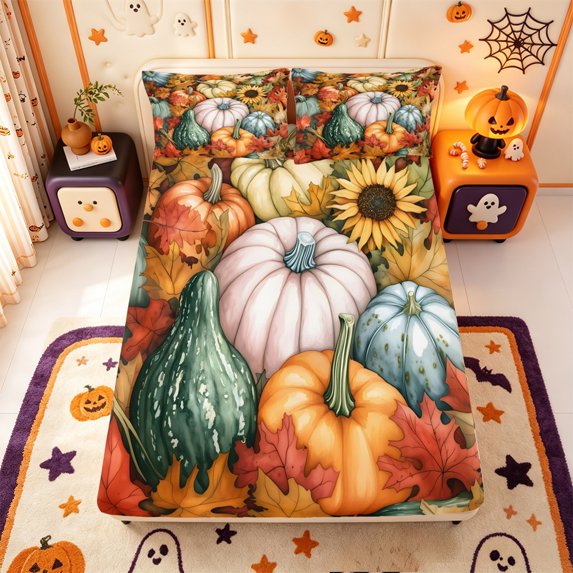 Manfei Classic Halloween Pumpkin Lantern Fitted Sheet Full,Harvest Maple Leaf Print Bed Set,3pcs,1 Fitted Sheet and 2 Pillowcases
