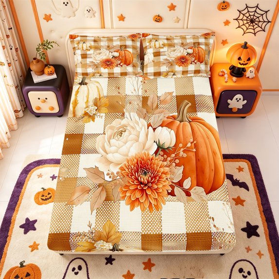 Manfei Classic Halloween Pumpkin Lantern Fitted Sheet Full,White Ghost Print Bed Set,3 Pieces,1 Fitted Sheet and 2 Pillowcases