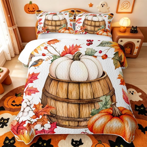 Manfei Classic Halloween Pumpkin Lantern Quilt King,Skull Print King Coverlet Set,3-Piece,1 Bedspread and 2 Pillowcases