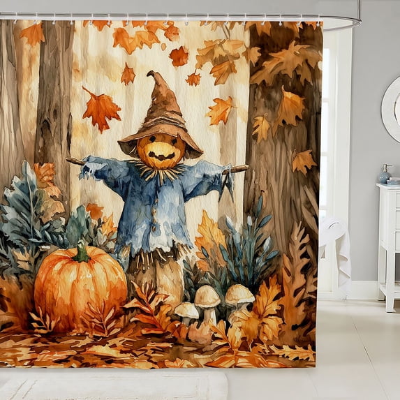 Manfei Classic Halloween Pumpkin Lantern Shower Curtain 72Wx72L,Hello Fall Foliage Print Bathroom Curtain
