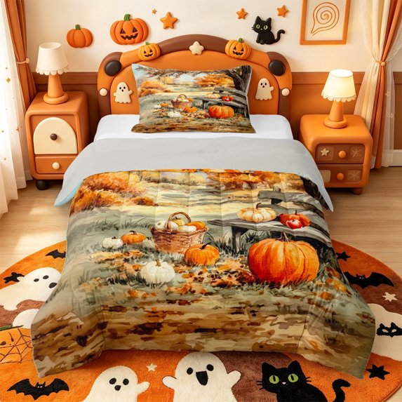 Manfei Classic Halloween Pumpkin Lantern Twin Comforter Sets,Cartoon Witch Print Bedding Set,Light Gray Reversible,2pcs,1 Comforter and 1 Pillowcase
