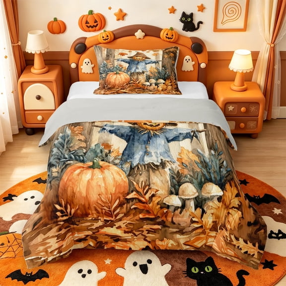 Manfei Classic Halloween Pumpkin Lantern Twin Comforter Sets,Hello Fall Foliage Print Bedding Set,Light Gray Reversible,2-Piece,1 Comforter and 1 Pillowcase