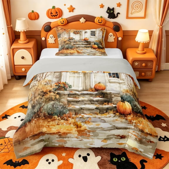 Manfei Classic Halloween Pumpkin Lantern Twin Comforter Sets,Thanksgiving Turkey Print Bedding Set,Light Gray Reversible,2-Piece,1 Comforter and 1 Pillowcase