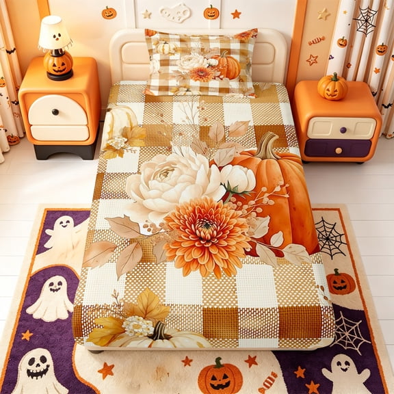 Manfei Classic Halloween Pumpkin Lantern Twin Fitted Sheet,White Ghost Print Bedding,2-Piece,1 Fitted Sheet and 1 Pillowcase
