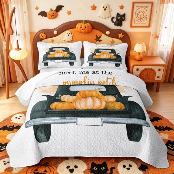 Manfei Classic Halloween Pumpkin Lantern Twin Quilt Set,Autumn Harvest Print Twin Coverlet Set,2pcs,1 Bedspread and 1 Pillowcase