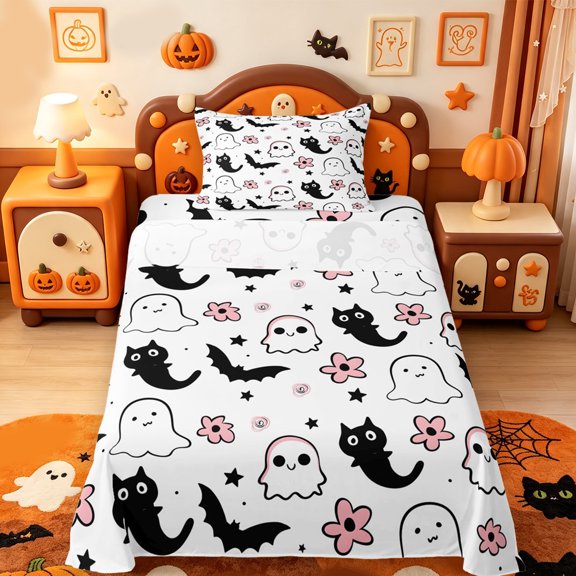 Manfei Classic Halloween Pumpkin Lantern Twin Sheets,Autumn Leaf Print Bedding,3pcs,1 Flat Sheet,1 Fitted Sheet and 1 Pillowcase