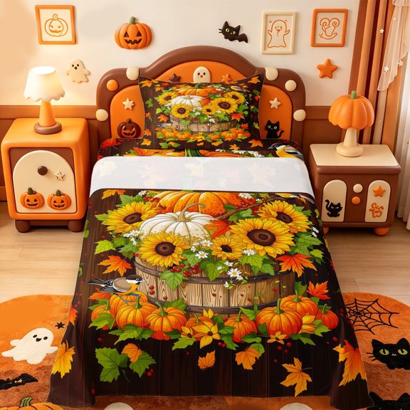 Manfei Classic Halloween Pumpkin Lantern Twin Sheets,Thanksgiving Print Bedding,3pcs,1 Flat Sheet,1 Fitted Sheet and 1 Pillowcase