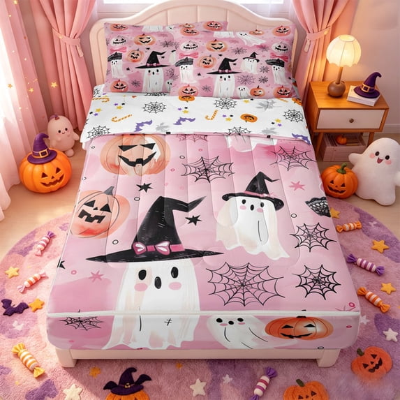 Manfei Classic Halloween Pumpkin Lantern Zipper Full Size Comforter Sets with Fitted Sheet and 2 Pillowcases,Harvest Season Print Zipper Bedding Set,Halloween Reversible,4pcs