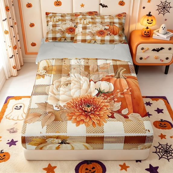 Manfei Classic Halloween Pumpkin Lantern Zipper Full Size Comforter Sets with Fitted Sheet and 2 Pillowcases,White Ghost Print Zipper Bedding Set,Light Gray Reversible,4 Pieces