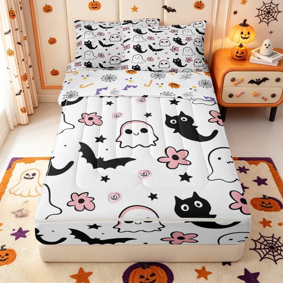 Manfei Classic Halloween Pumpkin Lantern Zipper Twin Comforter Sets with Fitted Sheet and 2 Pillowcases,Autumn Leaf Print Zipper Bedding Set,Halloween Reversible,4pcs