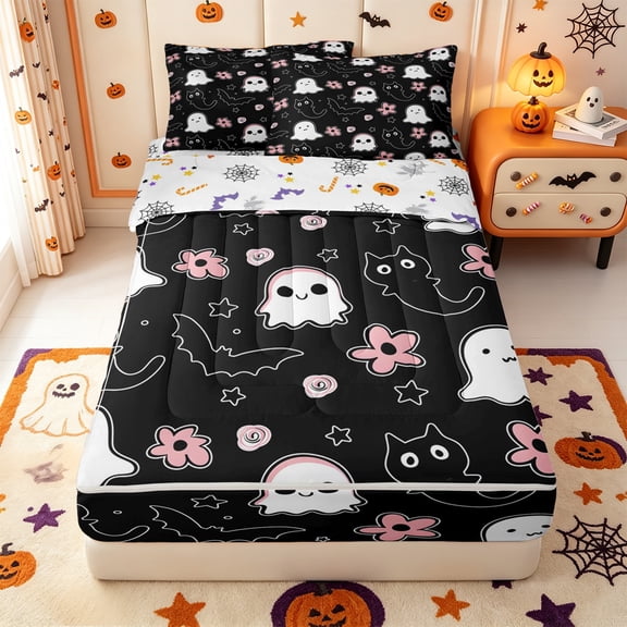 Manfei Classic Halloween Pumpkin Lantern Zipper Twin Comforter Sets with Fitted Sheet and 2 Pillowcases,Colorful Fall Leaf Pattern Zipper Bedding Set,Halloween Reversible,4-Piece