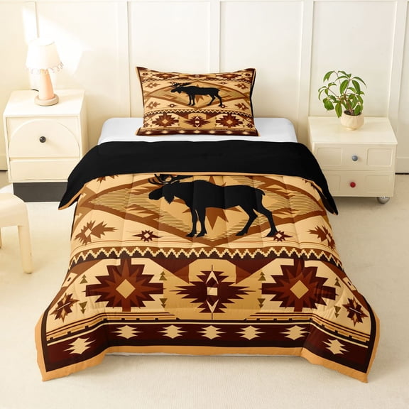 Manfei Classic Moose Print Twin Comforter Sets,Southwest Pine Grid Bedding Set,Golden,Black Reversible,2-Piece,1 Comforter and 1 Pillowcase