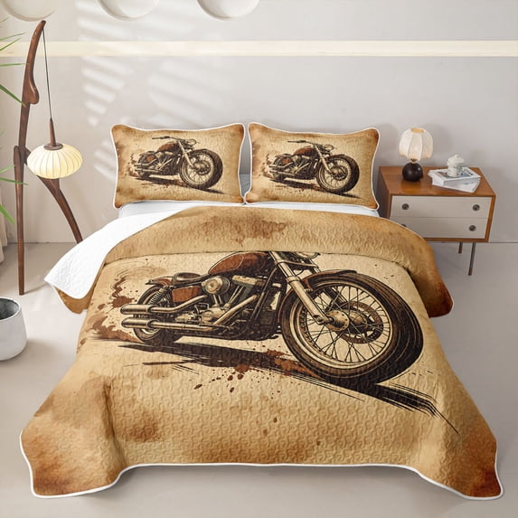 Manfei Classic Motorcycle Print Quilt King,Extreme Speed Games King Coverlet Set,Brown,3pcs