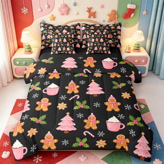 Manfei Classic Pink Christmas 7-Piece Twin Bedding,Merry Xmas Bedding Comforter Set,Black Reversible