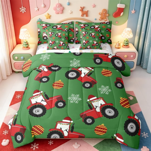 Manfei Classic Pink Christmas 7-Piece Twin Bedding,Winter Holiday Bedding Comforter Set,Xmas Reversible