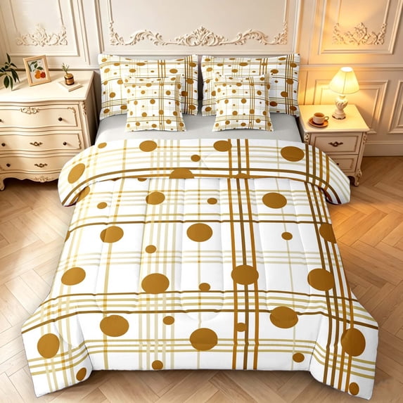 Manfei Classic Plaid 7-Piece Twin Bedding,Cute Polka Dot Bedding Comforter Set,White Brown,Light Gray Reversible