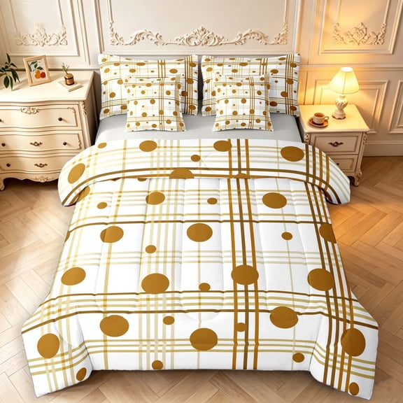 Manfei Classic Plaid 7-Piece Twin Bedding,Cute Polka Dot Bedding Comforter Set,White Brown,Light Gray Reversible