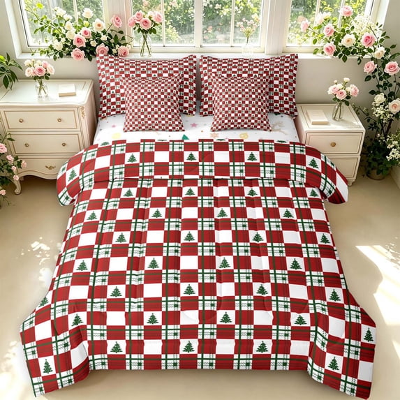 Manfei Classic Plaid 7-Piece Twin Bedding,Festive Christmas Bedding Comforter Set,Red White Green,Christmas Reversible