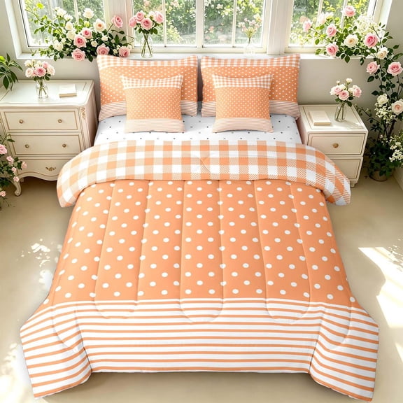 Manfei Classic Plaid 7 Pieces Full Size Bedding Sets,Cute Polka Dot Full Size Bed in a Bag,Pink,Reversible