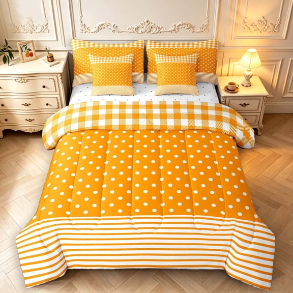 Manfei Classic Plaid 7pcs Queen Bedding,Cute Orange Polka Dot Bedding Comforter Set Queen,Reversible
