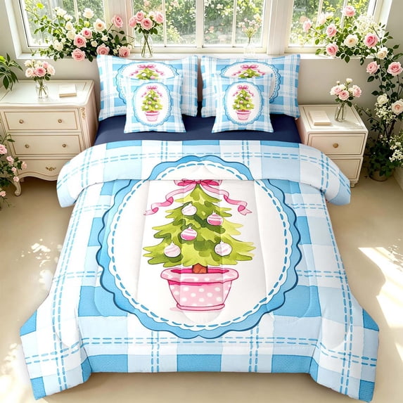 Manfei Classic Plaid 7pcs Queen Bedding,Festive Christmas Bedding Comforter Set Queen,Blue White Green,Navy Blue Reversible