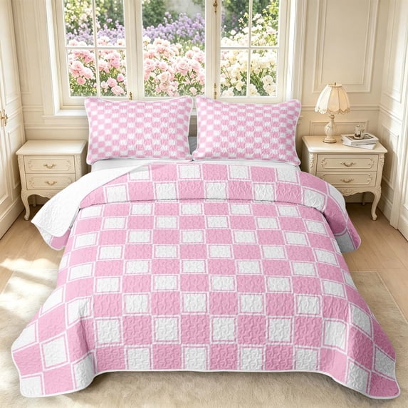 Manfei Classic Plaid Bed Spread Queen,Vintage Checkered Queen Coverlet Set,Pink,3pcs,1 Quilt and 2 Pillowcases