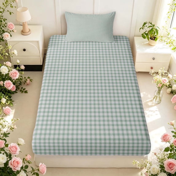 Manfei Classic Plaid Fitted Sheet Full,Vintage Check Bed Set,Gray Green,3-Piece,1 Fitted Sheet and 2 Pillowcases