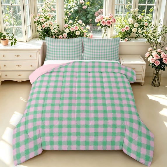 Manfei Classic Plaid Full Size Comforter Sets,Vintage Checkered Bedding Comforter Set,Pink Green,Pink Reversible,3-Piece,1 Comforter and 2 Pillowcases,3-Piece,1 Comforter and 2 Pillowcases