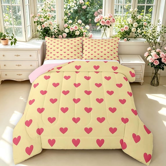 Manfei Classic Plaid King Size Comforter Sets,Lovely Heart Comforters King Size,Yellow Pink,Pink Reversible,3 Pieces,1 Comforter and 2 Pillowcases,3 Pieces,1 Comforter and 2 Pillowcases