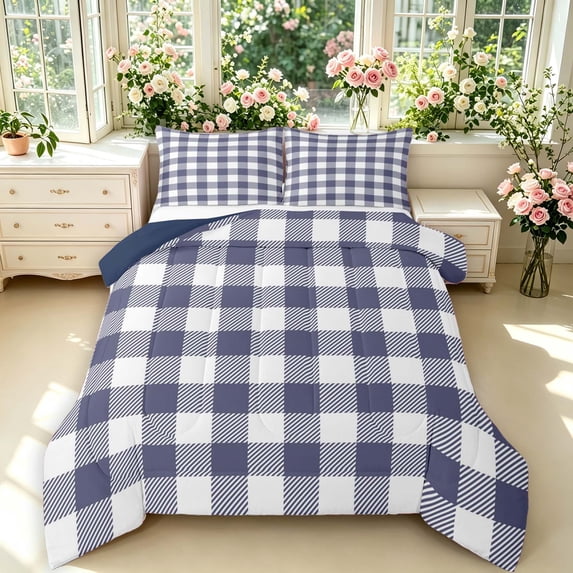 Manfei Classic Plaid King Size Comforter Sets,Vintage Check Comforters King Size,White Navy,Navy Blue Reversible,3 Pieces,1 Comforter and 2 Pillowcases,3 Pieces,1 Comforter and 2 Pillowcases