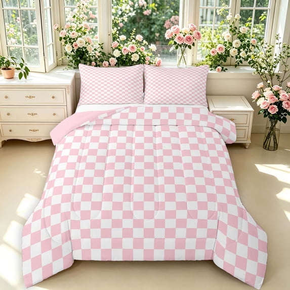Manfei Classic Plaid King Size Comforter Sets,Vintage Checkered Comforters King Size,Red White,Pink Reversible,3-Piece,1 Comforter and 2 Pillowcases,3-Piece,1 Comforter and 2 Pillowcases