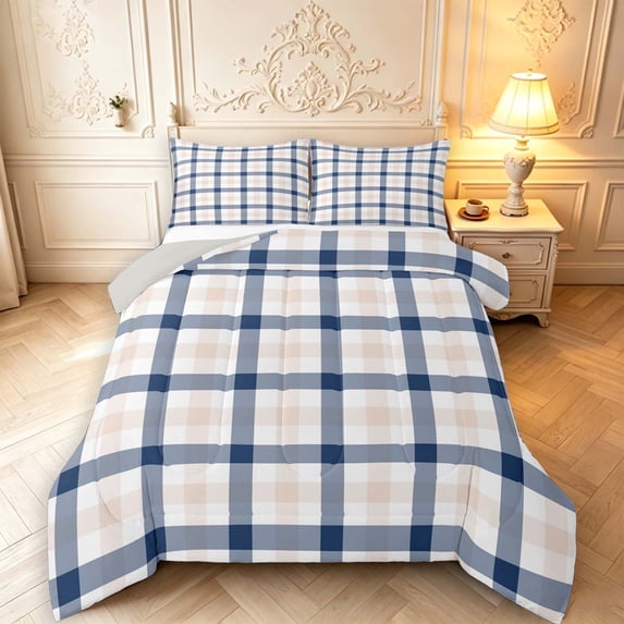 Manfei Classic Plaid Queen Comforter Set,Geometric Stripes Comforter Sets Queen,Navy Pink White,Light Gray Reversible,3-Piece,1 Comforter and 2 Pillowcases,3-Piece,1 Comforter and 2 Pillowcases