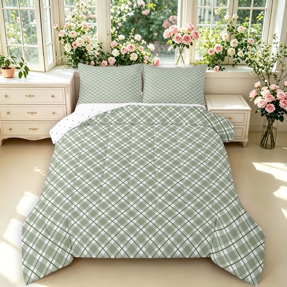 Manfei Classic Plaid Queen Comforter Set,Vintage Checkered Comforter Sets Queen,Gray Green,Reversible,3pcs,1 Comforter and 2 Pillowcases,3pcs,1 Comforter and 2 Pillowcases