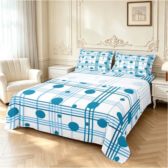 Manfei Classic Plaid Queen Sheets,Cute Polka Dot Queen Sheet Sets,Blue White,4-Piece,1 Flat Sheet,1 Fitted Sheet and 2 Pillowcases