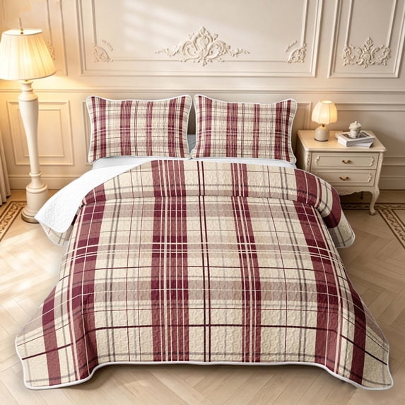 Manfei Classic Plaid Quilt Full,Geometric Stripes Full Bedspread Sets,Beige Red,3 Pieces,1 Coverlet and 2 Pillowcases
