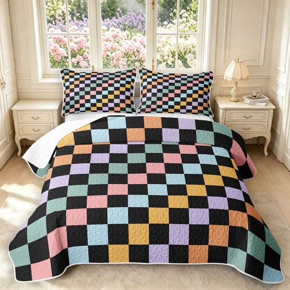 Manfei Classic Plaid Quilt Full,Vintage Checkered Full Bedspread Sets,Black Orange White,3 Pieces,1 Coverlet and 2 Pillowcases