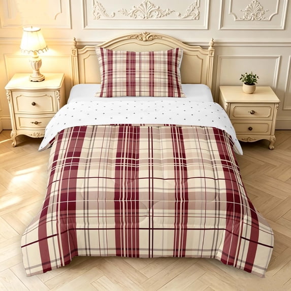 Manfei Classic Plaid Twin Comforter Sets,Geometric Stripes Bedding Set,Beige Red,Reversible,2pcs,1 Comforter and 1 Pillowcase,2pcs,1 Comforter and 1 Pillowcase