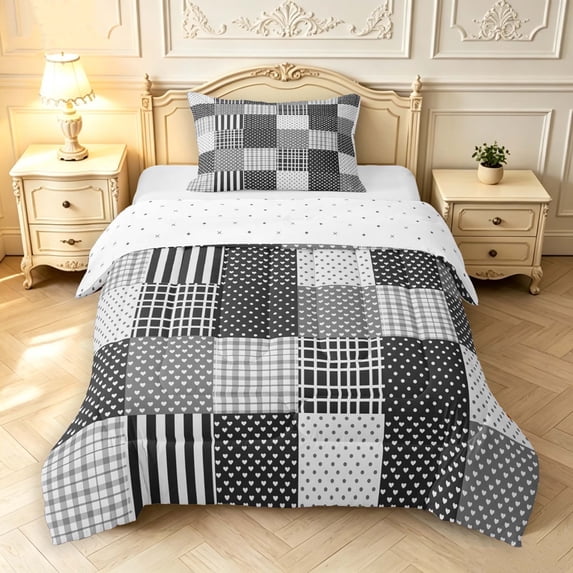 Manfei Classic Plaid Twin Comforter Sets,Vintage Check Bedding Set,Black White Gray,Reversible,2 Pieces,1 Comforter and 1 Pillowcase,2 Pieces,1 Comforter and 1 Pillowcase