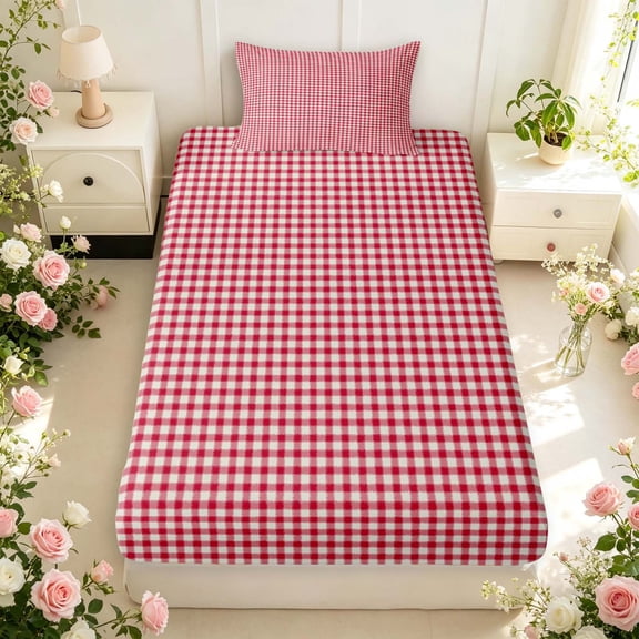 Manfei Classic Plaid Twin Fitted Sheet,Vintage Check Bedding,Red,2 Pieces,1 Fitted Sheet and 1 Pillowcase