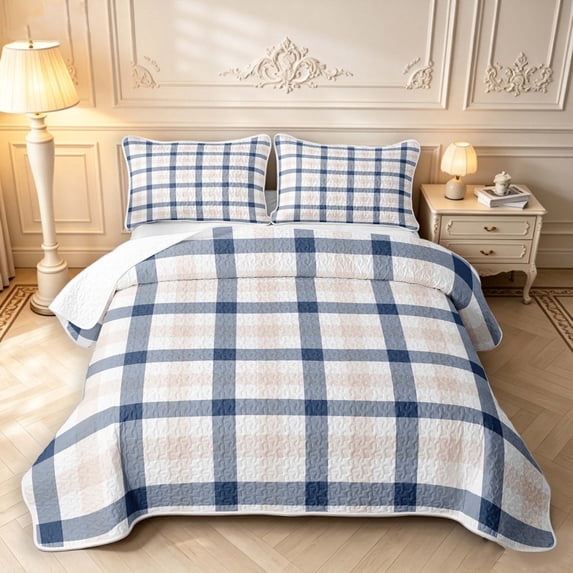 Manfei Classic Plaid Twin Quilt Set,Geometric Stripes Twin Coverlet Set,Navy Pink White,2 Pieces,1 Bedspread and 1 Pillowcase