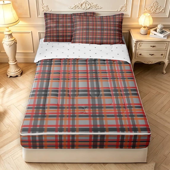 Manfei Classic Plaid Zipper Queen Comforter Set with Fitted Sheet and 2 Pillowcases,Vintage Check Zipper Bedding Set,Red Orange,Reversible,4pcs