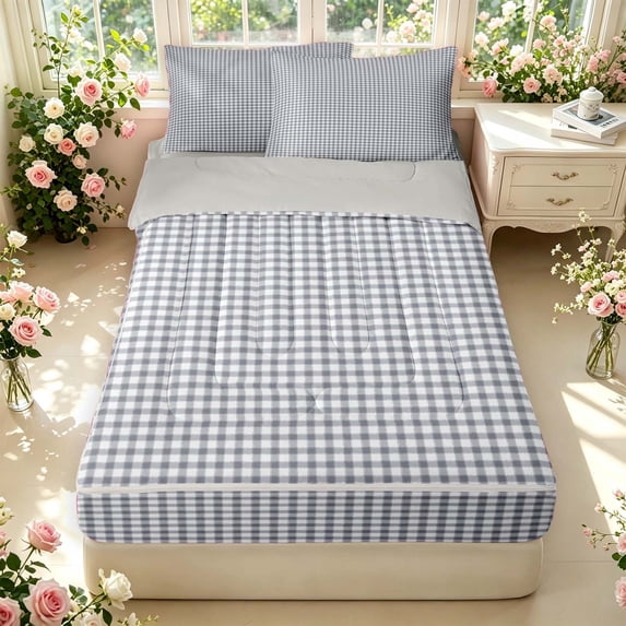 Manfei Classic Plaid Zipper Twin Comforter Sets with Fitted Sheet and 2 Pillowcases,Vintage Check Zipper Bedding Set,Light Gray,Light Gray Reversible,4pcs