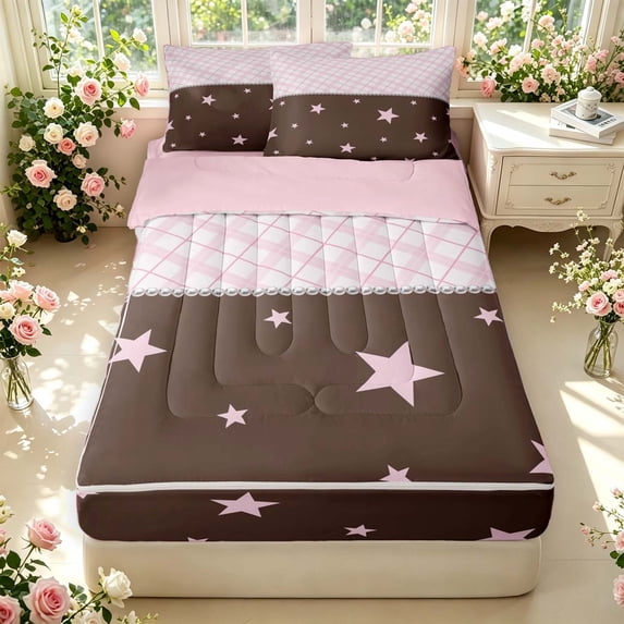 Manfei Classic Plaid Zipper Twin Comforter Sets with Fitted Sheet and 2 Pillowcases,Lovely Stars Zipper Bedding Set,Pink,Pink Reversible,4pcs